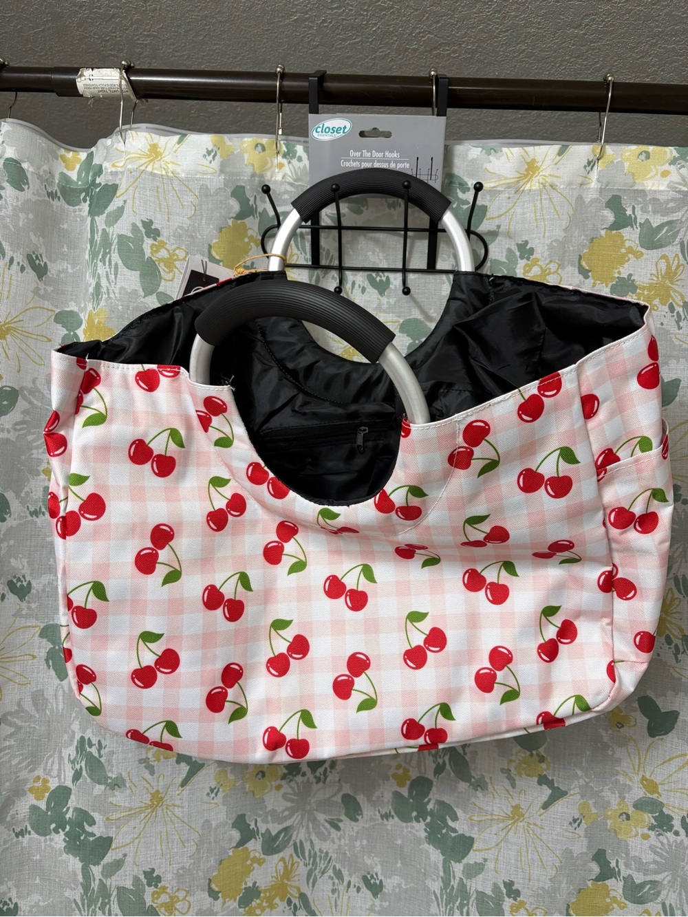 Cherry Print Circle Handle Tote Bag - Pink & Red - Picture 2 of 3